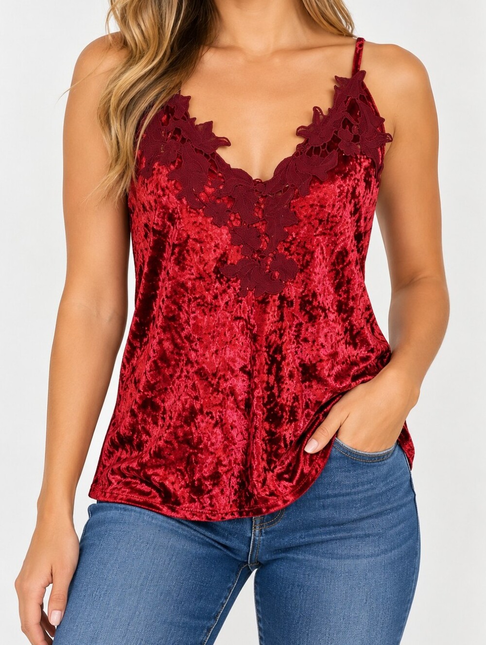 Women’s Red Velvet Floral Lace V-Neck Camisole Top Size M